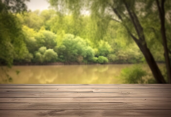 Obraz premium empty wooden table with blurry forest river background