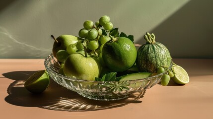  a glass bowl filled with green fruit sitting on top of a table next to a banana and cucumber.