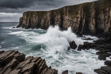 A rocky coastline with waves crashing against the cliffs and a stormy sky in the background