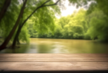 Obraz premium empty wooden table with blurry forest river background