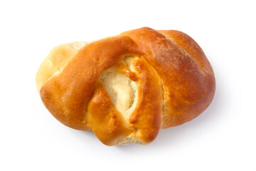 Bun with cottage cheese filling on a white background. Top view. Delicious sweet bun close-up.