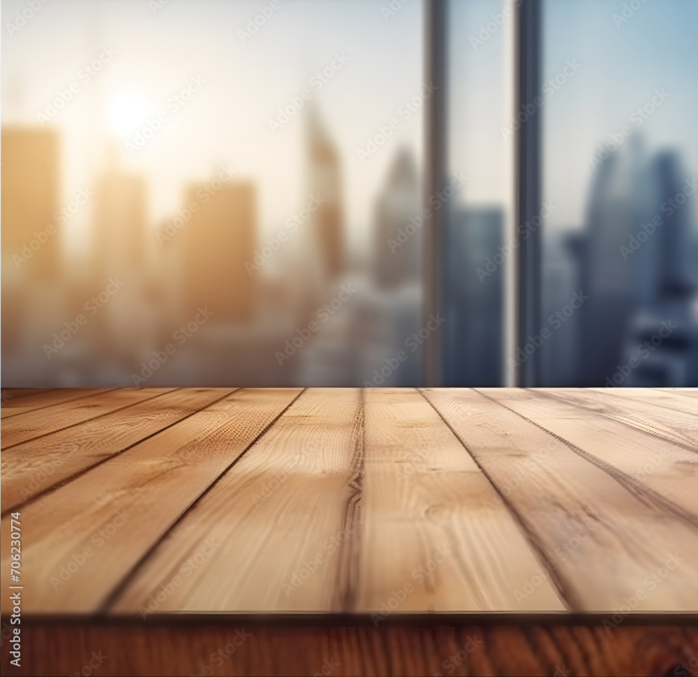 Aufkleber the empty wooden table top with blur background of downtown business district
