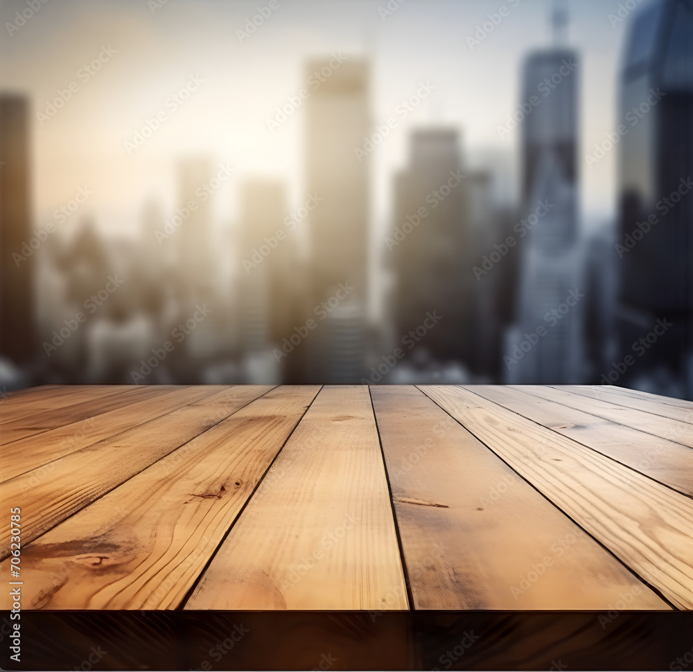 Aufkleber the empty wooden table top with blur background of downtown business district