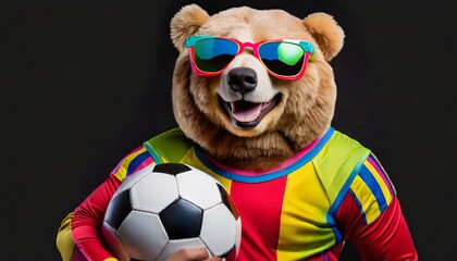 cute teddy bear in retro tricot with football soccer on black background - obrazy, fototapety, plakaty