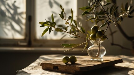  a vase filled with green olives sitting on top of a cutting board on top of a wooden cutting board.