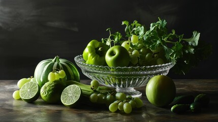 a glass bowl filled with green fruit sitting on top of a table next to cucumbers and limes.