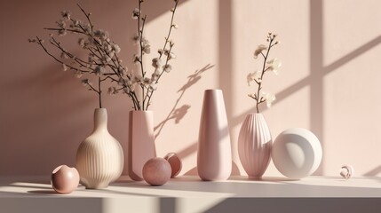  a group of vases sitting on top of a table next to a vase filled with flowers and a vase filled with eggs.