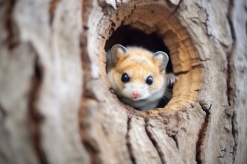 flying squirrel peeking from oak tree hole