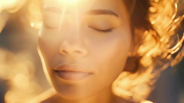 A portrait of a woman with her eyes closed and her lips parted, her skin glowing with a soft golden light from the imaginary wind.