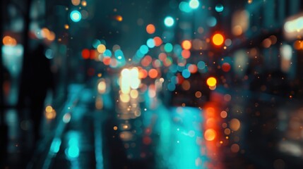  a blurry photo of a city street at night with street lights in the foreground and blurry street lights in the background.