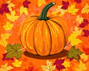 Naklejka premium Bright Cartoon Pumpkin and Colorful Autumn Leaves Illustration