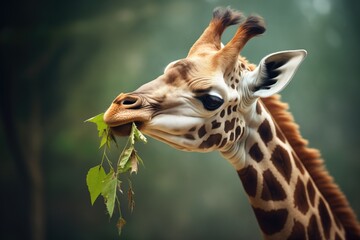 mother giraffe feeding her calf with leaves