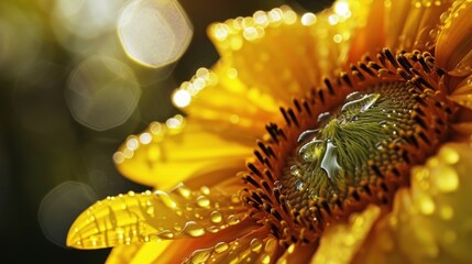  a close up of a sunflower with drops of water on it's petals and a blurry background.