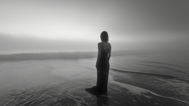  a black and white photo of a woman standing in the middle of a body of water on a foggy day.