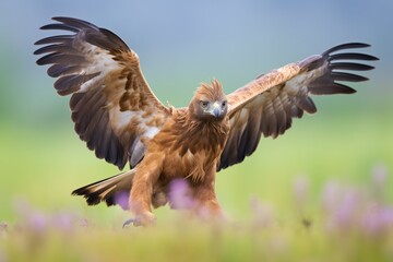 Obraz premium golden eagle in a dynamic pose amid wildflowers