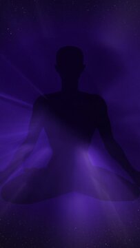 Human figure in lotus yoga pose on space background in meditation concept. Animation video. Vertical video