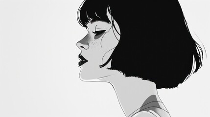  a black and white drawing of a woman's profile with her hand on her shoulder and her eyes closed.