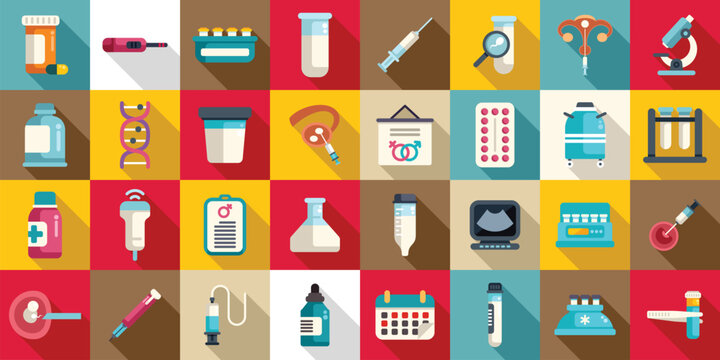 Artificial insemination icons set flat vector. Fertility process. Vitro embryo pregnant