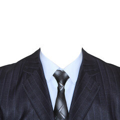 Mens business jacket. Classic suit with shirt and tie. Mens clothing front view.