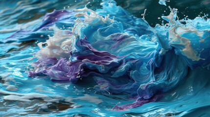  a blue and purple object floating on top of a body of water with a splash of water on top of it.