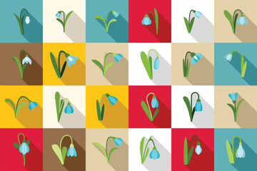 Snowdrop icons set flat vector. Flower spring nature. Leaf floral beauty