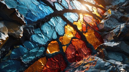  a close up of a stained glass window with the sun shining through the cracked glass in front of it.