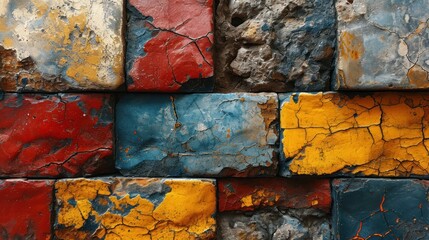  a close up of a brick wall with paint peeling off of it's sides and red, yellow, and blue paint on it.