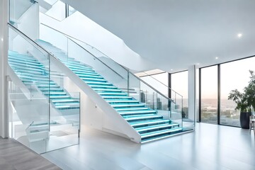 Modern white staircase with glass banister beautiful building - Powered by Adobe