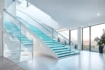 Fotobehang Modern white staircase with glass banister beautiful building © Aqsa