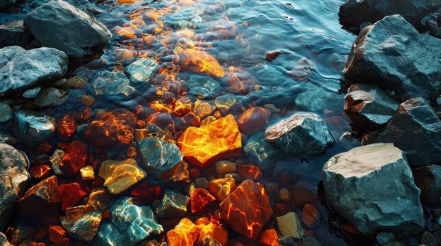  a river filled with lots of rocks next to a body of water with orange and blue rocks on top of it. © Shanti