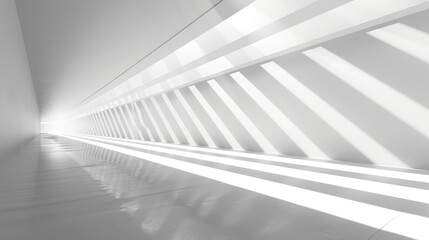 a black and white photo of a long hallway with a light coming through the middle of the room and the light coming through the wall.