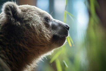 profile of a koala against green eucalyptus canopy