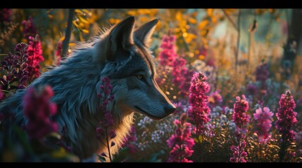  a wolf standing in the middle of a field of pink and purple wildflowers with trees in the background.