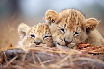 Obraz premium pair of cubs nestled against a snoozing lion