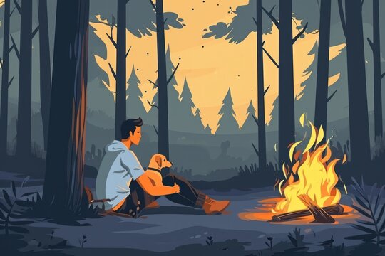 A man with a dog is sitting by the fire in the forest..Vector illustration in flat cartoon style