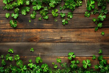 Obraz premium rustic wooden background with a Saint Patrick's Day theme and many wooden slats with shamrock leaves
