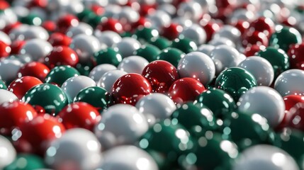  a close up of a bunch of balls with red, white, and green balls in the middle of them.