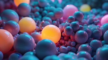  a bunch of balls that are in some kind of blue and pink ball pit with one yellow ball in the middle of the ball pit. - obrazy, fototapety, plakaty