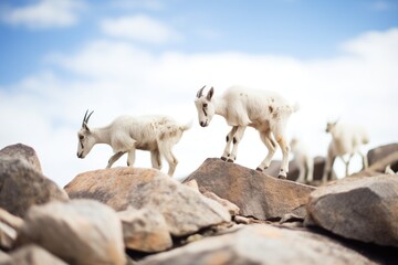 young mountain goats playing on a boulder field - obrazy, fototapety, plakaty