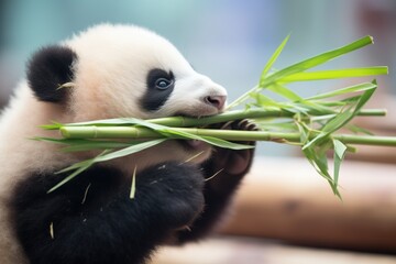 young panda cub nibbling on a bamboo shoot