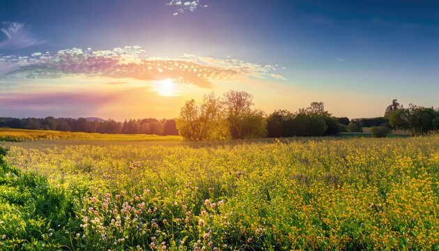 beautiful panorama rural landscape with sunrise and blossoming meadow