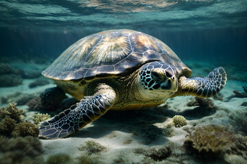 Fototapeta premium A close up of a sea turtle under the sea