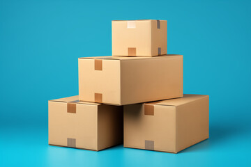 Pile of various size taped up cardboard boxes isolated on turquoise blue background.
