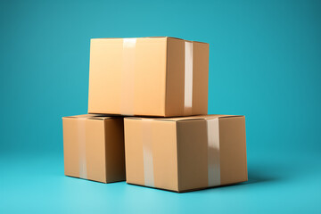 Obraz premium Pile of various size taped up cardboard boxes isolated on turquoise blue background.