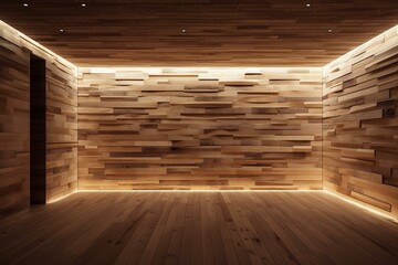Illuminated wooden wall and floor. Generative AI