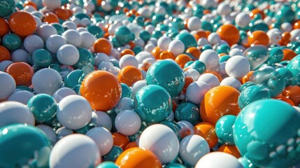  a close up of a bunch of balls in a pool of blue, white, orange, and green colors.