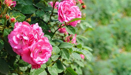 Bush of roses flowering in ornamental garden, with copy space