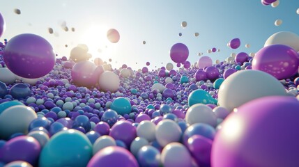  a bunch of balloons floating in the air with a blue sky in the back ground and a bright sun in the background.