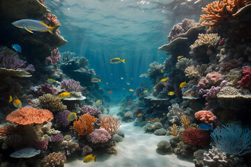 Fototapeta na wymiar A scene of underwater coral reefs with tiny little fishes