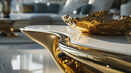  a gold plate sitting on top of a white table next to a white couch and a white table with a gold plate on it.